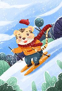 虎生肖在冬天里滑雪背景图片