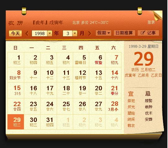我生日阳历是1998年3月29日 阴历是几月几号?